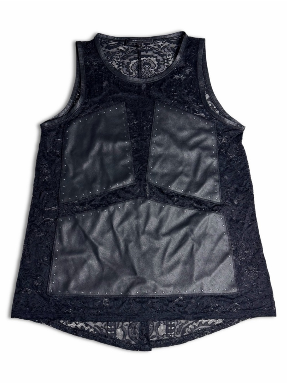 BCBGMaxAzria Black Studded Leather Panel Sheer Lace Sleeveless Top